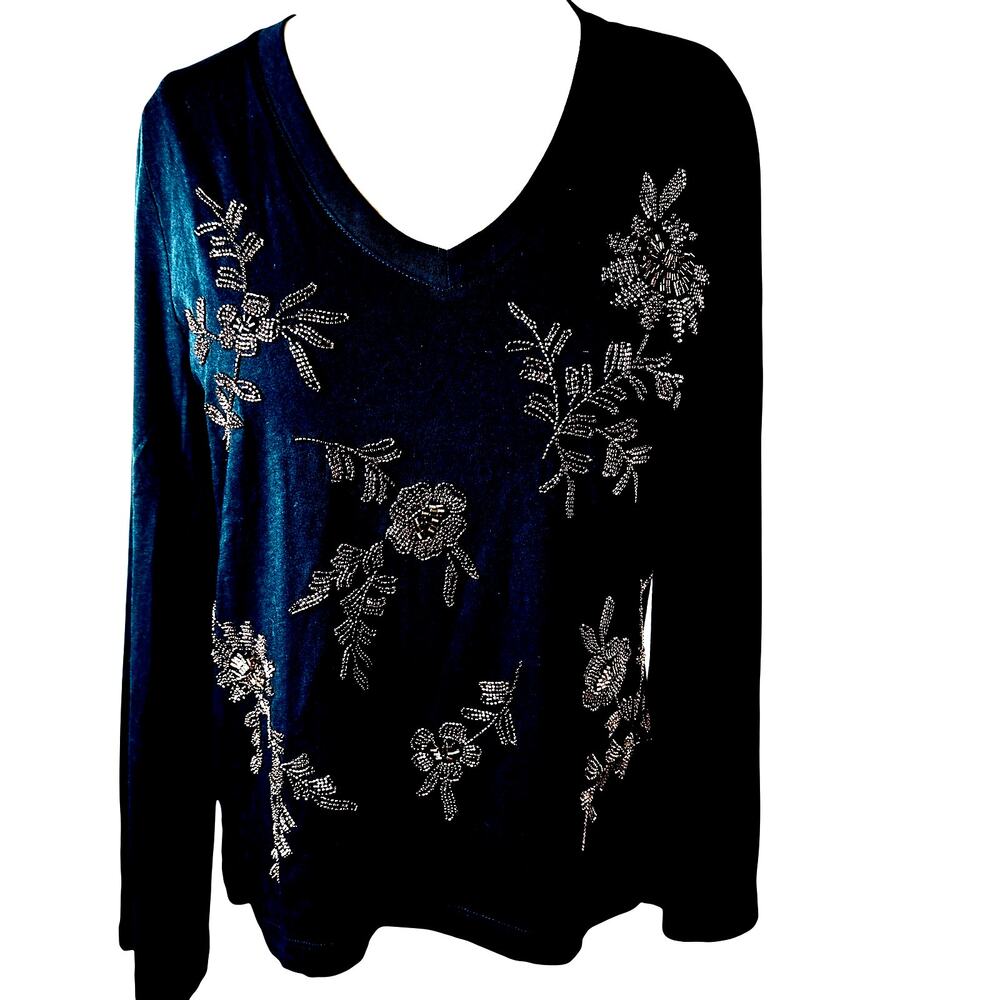 Johnny Was NWT, black LS cotton, copper beaded floral motif top sz M